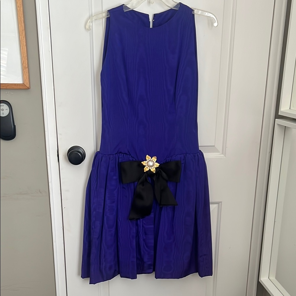 Elegant Purple Designer Dress w/ Black Bow, gold pin and black velvet under skir